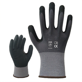 Guantes de trabajo de seguridad con revestimiento de nailon gris y elastano calibre 15, nitrilo de microespuma y PU a base de agua con palma recubierta